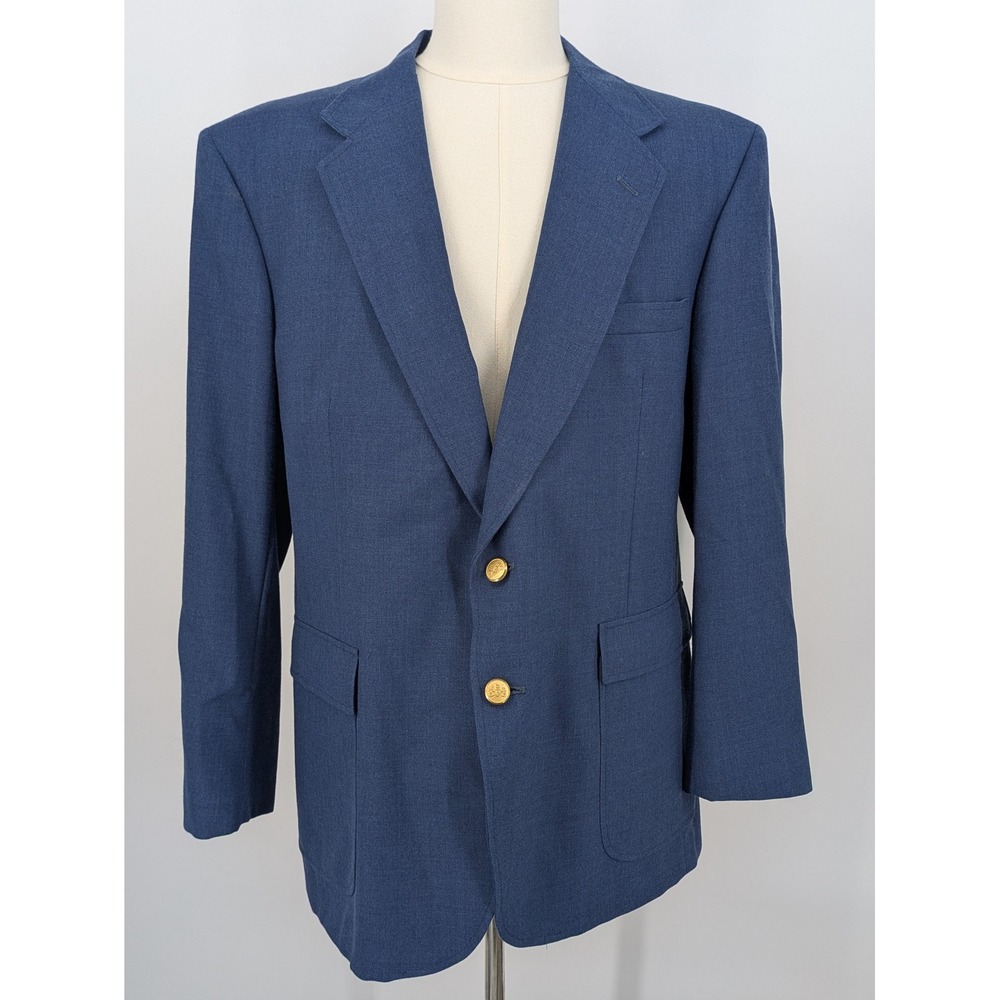 Stafford Blazer Mens 46R Blue Worsted Wool Blend Gold Button Sport Coat USA VTG